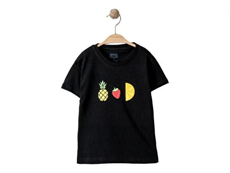 Alme Siyah Mini Ananas Çilek Limon Baskılı Kız Tshirt-3 Yaş