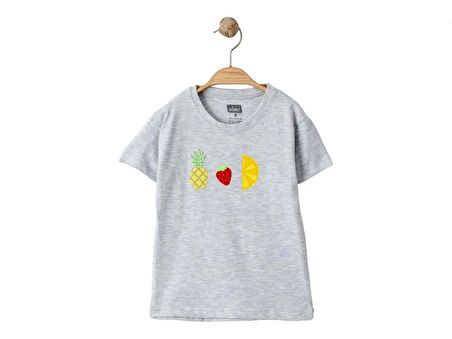 Alme Mini Gri Renk Ananas Çilek Limon Baskılı Kız Tshirt-3 Yaş