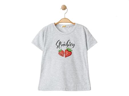 Alme Kız Çocuk Strawbery Baskılı Gri Tshirt-4 Yaş