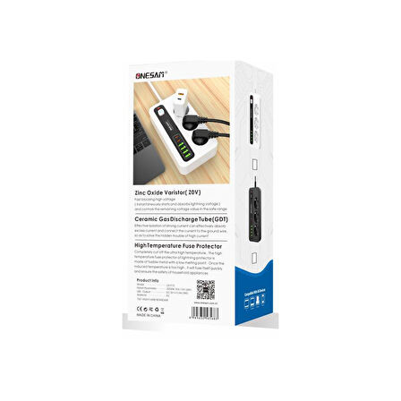  Akım Korumalı 4 USB'li ve 3 TYPE-C li 3'lü Grup Priz 2 m Uzatma Kablosu Beyaz