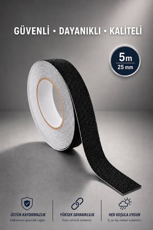 2,5 cm X 5 METRE Yapışkanlı Premium Yer Zemin Merdiven Zemin Kaydırmaz Bant Kaymaz Bandı Siyah