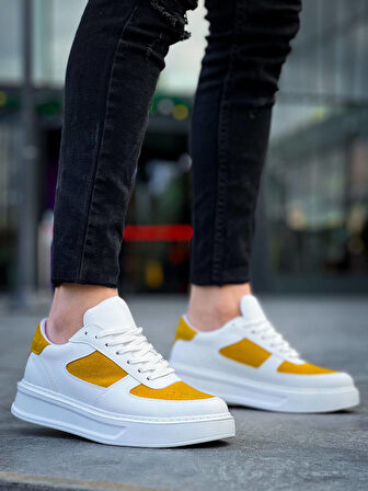 KB-X8 Kuback Beyaz Cilt Sarı Süet Detaylı Beyaz Yüksek Taban Günlük Spor Ayakkabı
