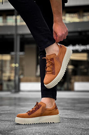 KB-X502  Kuback Taba Süet Yüksek Bej Taban Bağcık Detaylı Lastikli Günlük Erkek Ayakkabı