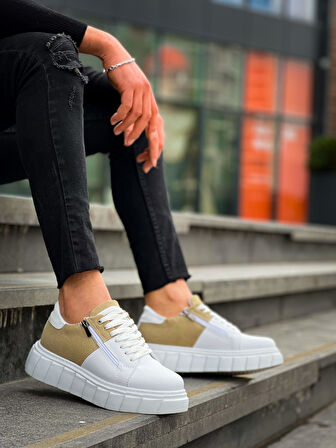 KB-X155 Kuback Beyaz Cilt Bej Süet Detaylı Beyaz Yüksek Taban Günlük Spor Ayakkabı