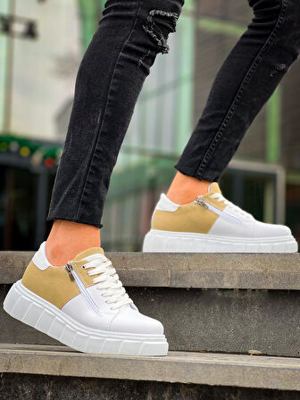 KB-X155 Kuback Beyaz Cilt Bej Süet Detaylı Beyaz Yüksek Taban Günlük Spor Ayakkabı
