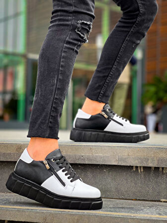 KB-X155 Kuback Beyaz Cilt Siyah Cilt Detaylı Siyah Yüksek Taban Günlük Spor Ayakkabı