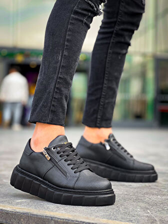 KB-X155 Kuback Siyah Cilt Detaylı Siyah Yüksek Taban Günlük Spor Ayakkabı