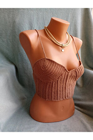 Vip Handmade Koyu Bej Crop Top Büstiyer