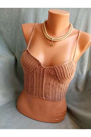 Vip Handmade Koyu Bej Crop Top Büstiyer