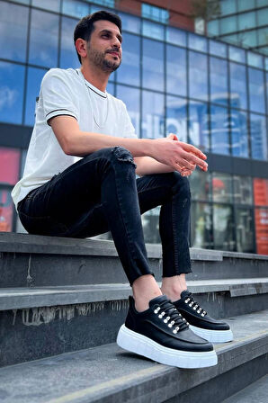 Tb-x10 Terzi Bey Siyah Cilt  Beyaz Yüksek Taban Günlük Spor Ayakkabı