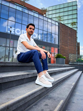 Tb-x10 Terzi Bey Bej Süet Beyaz Yüksek Taban Günlük Spor Ayakkabı