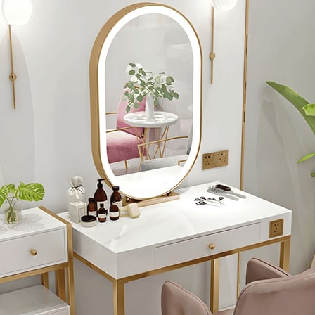 KC-0110 Metal Güzellik Salon İstasyonu, Aynalı ve Işıklı, Saklama Çekmeceli