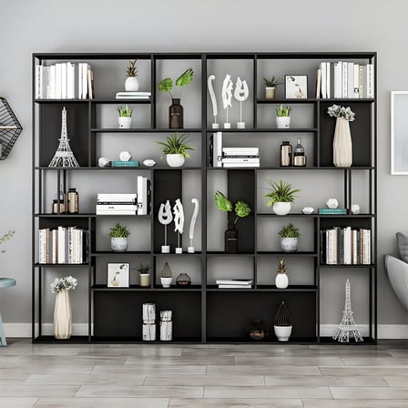 KC-0224 Modern Metal Etajer Kitaplık, 10 Raflı Açık Tasarım, Siyah