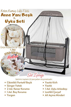 45x85 Cibinlikli Keten Beşik ve Uyku Seti - Anne Yanı Beşik Portatif Sepet Beşik
