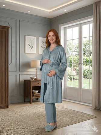 Bone 6201 Kadın Jakar Saten Sabahlıklı Lohusa Pijama Takımı