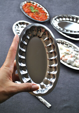 2'Li Çelik Dilimli Küçük Kayık Tabak Dilimli Kayık Tabağı Mini Meze Kahvaltı Sunum Kase 18x11 cm