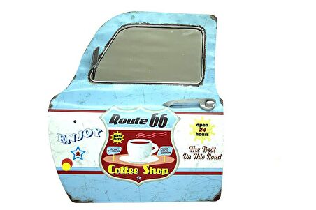 Dekoratif Route 66 CoffeeTemalı Mavi Araba Kapısı Ayna