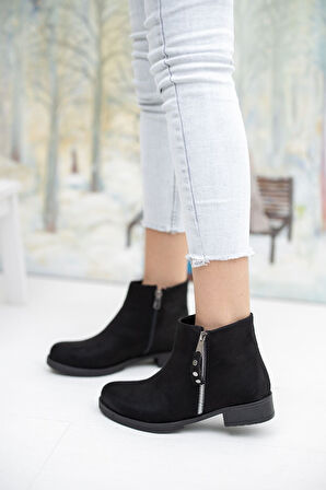 Mehtap Çift Fermuarlı Düz Kaymaz Taban Kadın Bot