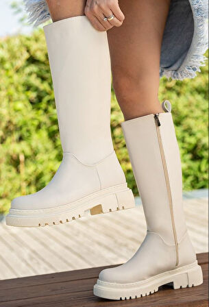 Feles Kalın Taban Diz Altı Fermuarlı Rahat Kadın Çizme