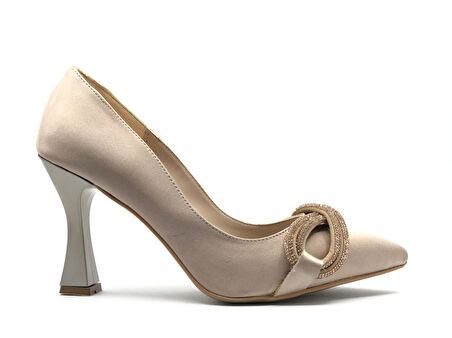 Feles Kadeh Topuk Taşlı Saten Stiletto Kadın Topuklu Ayakkabı