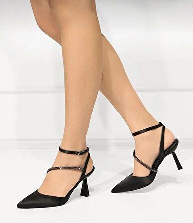 Feles Arkası Açık Şerit Taşlı Stiletto Kadın Topuklu Ayakkabı