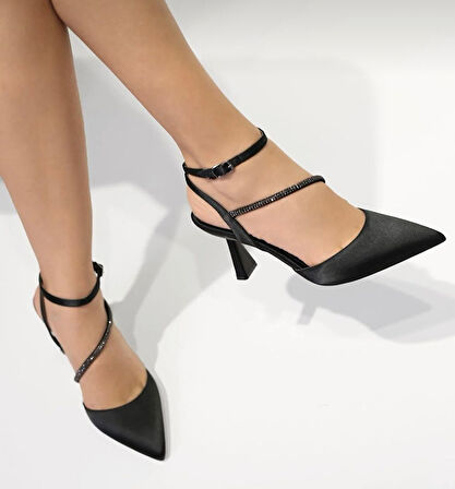 Feles Arkası Açık Şerit Taşlı Stiletto Kadın Topuklu Ayakkabı