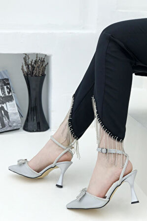 Feles Arkası Açık Bilekten Bağlamalı Saten Taşlı Stiletto
