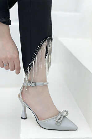 Feles Arkası Açık Bilekten Bağlamalı Saten Taşlı Stiletto