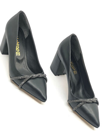 Mehtap Örgü Taş Dekolteli Kalın Topuk Kadın Topuklu Ayakkabı Sitiletto