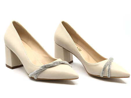 Mehtap Burgu Taş Dekolteli Kalın Topuk Kadın Topuklu Ayakkabı Sitiletto