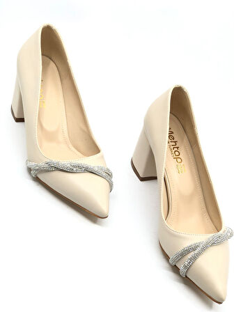 Mehtap Burgu Taş Dekolteli Kalın Topuk Kadın Topuklu Ayakkabı Sitiletto