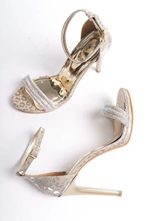 Feles Üç Şerit Taş Detaylı Tek Bant Platform 11 cm İnce Topuklu Kadın Ayakkabı