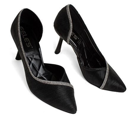 Feles Kadeh Topuk Saten Şerit Taşlı Stiletto Kadın Topuklu Ayakkabı