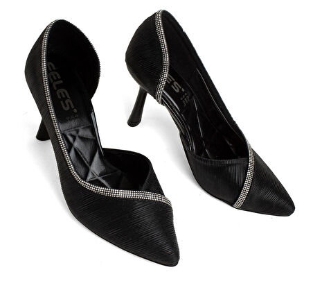 Feles Kadeh Topuk Saten Şerit Taşlı Stiletto Kadın Topuklu Ayakkabı