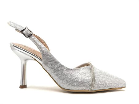Feles Saten Şerit Taşlı Arkası Açık Stiletto Kadın Topuklu Ayakkabı
