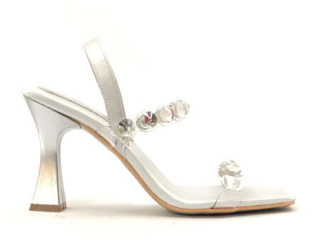 Feles Saten Şeffaf Taş Detaylı Topuklu Kadın Abiye Ayakkabı