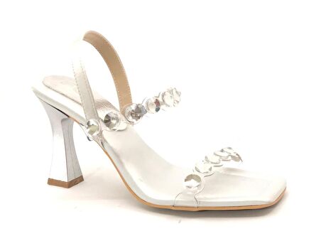 Feles Saten Şeffaf Taş Detaylı Topuklu Kadın Abiye Ayakkabı