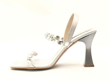 Feles Saten Şeffaf Taş Detaylı Topuklu Kadın Abiye Ayakkabı