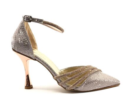 Feles Bilek Bağlı Üç Şerit Taş Detaylı Topuklu Stiletto Kadın Ayakkabı