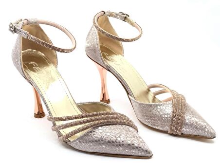 Feles Bilek Bağlı Üç Şerit Taş Detaylı Topuklu Stiletto Kadın Ayakkabı