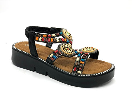 Feles Kalın Taban Boncuk Detaylı Kadın Sandalet