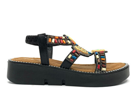 Feles Kalın Taban Boncuk Detaylı Kadın Sandalet