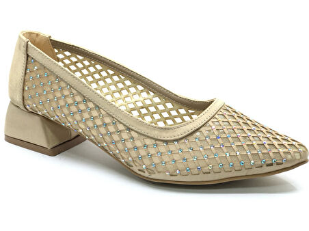 Seribo Dantel Taş Detaylı Kısa Topuklu Kadın Babet Ayakkabı