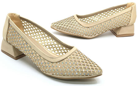 Seribo Dantel Taş Detaylı Kısa Topuklu Kadın Babet Ayakkabı