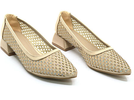 Seribo Dantel Taş Detaylı Kısa Topuklu Kadın Babet Ayakkabı