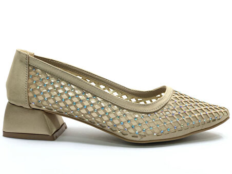 Seribo Dantel Taş Detaylı Kısa Topuklu Kadın Babet Ayakkabı