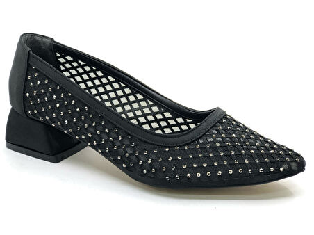 Seribo Dantel Taş Detaylı Kısa Topuklu Kadın Babet Ayakkabı