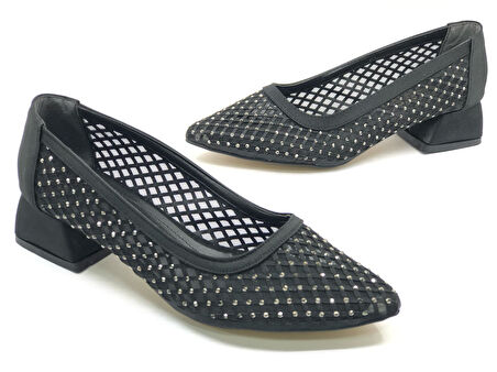 Seribo Dantel Taş Detaylı Kısa Topuklu Kadın Babet Ayakkabı