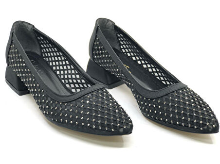 Seribo Dantel Taş Detaylı Kısa Topuklu Kadın Babet Ayakkabı