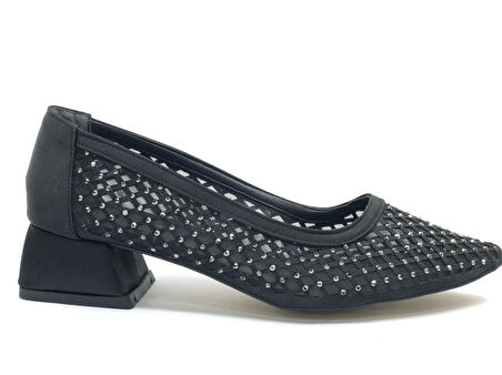 Seribo Dantel Taş Detaylı Kısa Topuklu Kadın Babet Ayakkabı